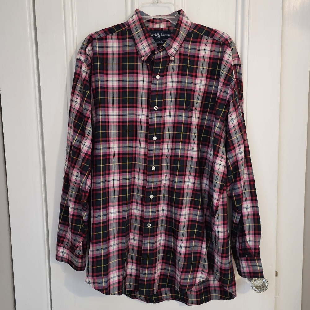 Ralph Lauren Men's Large Blake Button Up Shirt Cotton Plaid Pink Green Pony